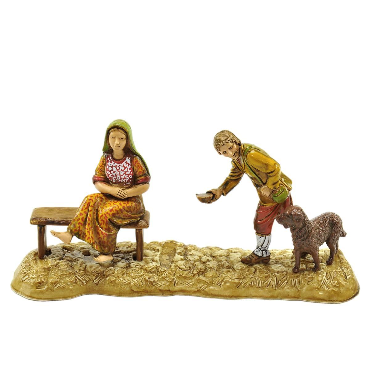 Statua cm.10 Donna con Mendicante e Cane | Moranduzzo