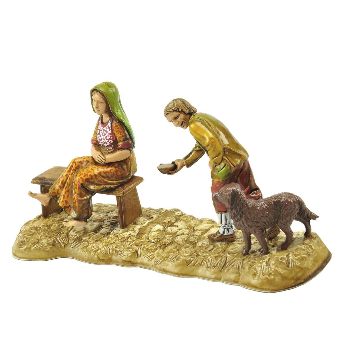 Statua cm.10 Donna con Mendicante e Cane | Moranduzzo