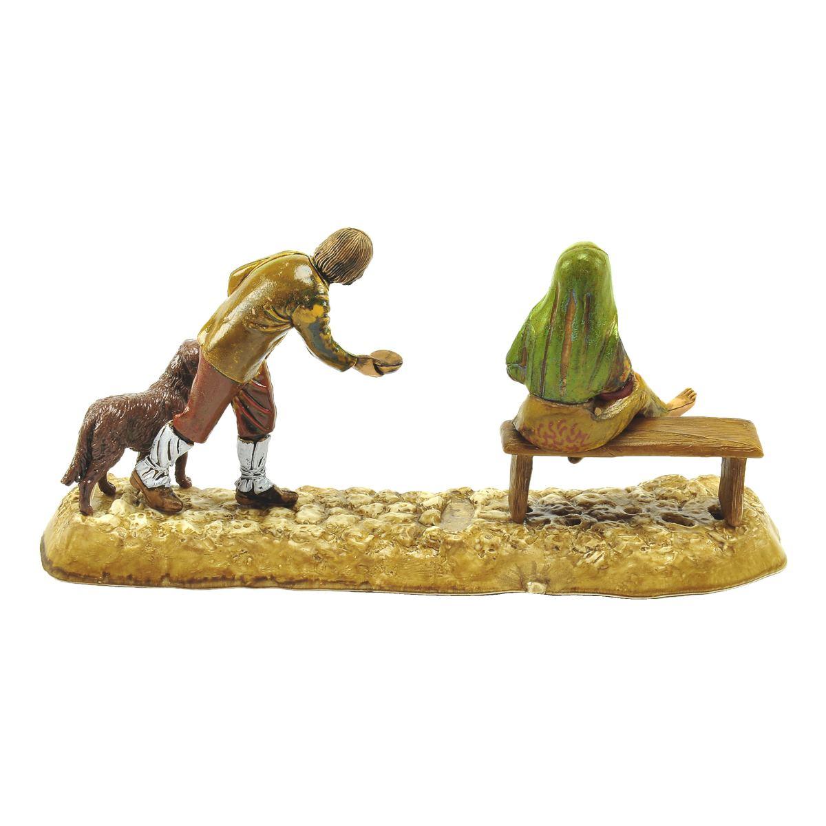 Statua cm.10 Donna con Mendicante e Cane | Moranduzzo