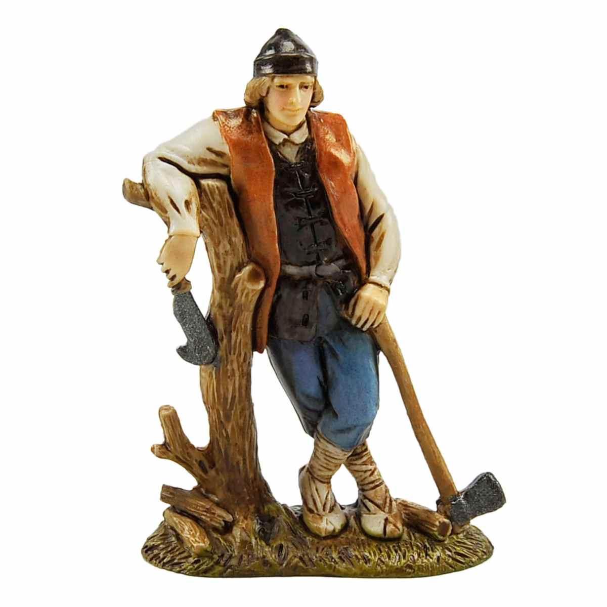 Statua cm.10 Boscaiolo con Ascia e Tronco Albero | Moranduzzo