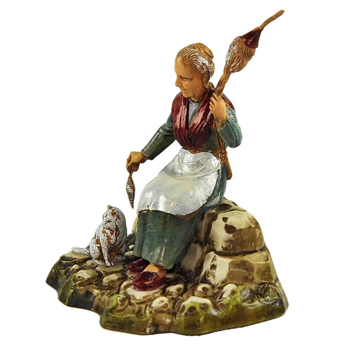 Statua cm.10 Filatrice Anziana Seduta con il Gatto | Moranduzzo
