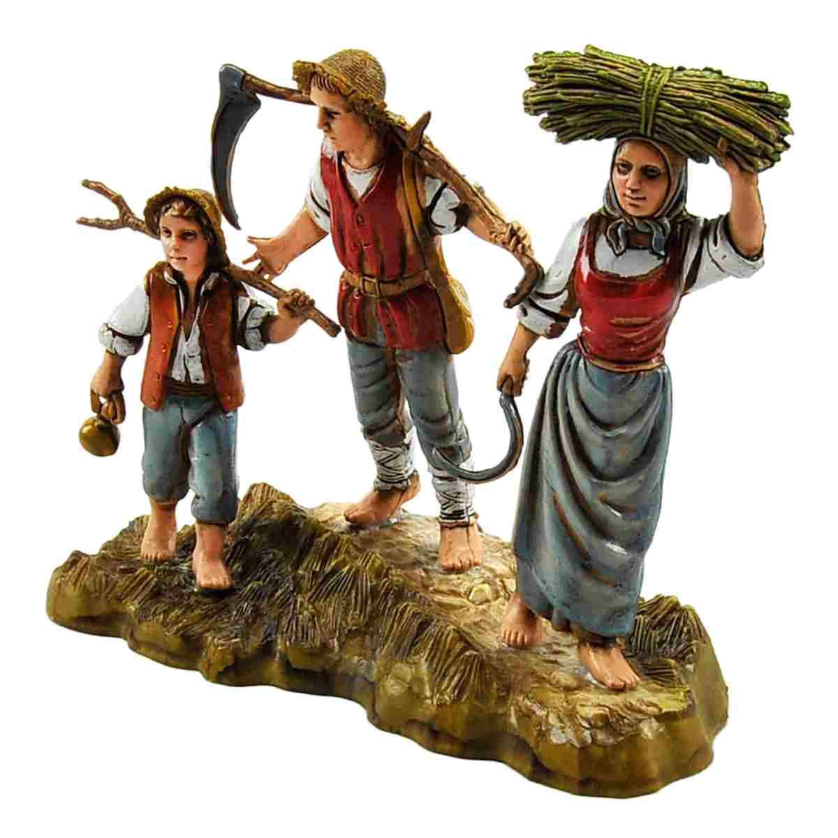Statua cm.10 Famiglia Contadina con Bambino e Attrezzi da Lavoro | Moranduzzo