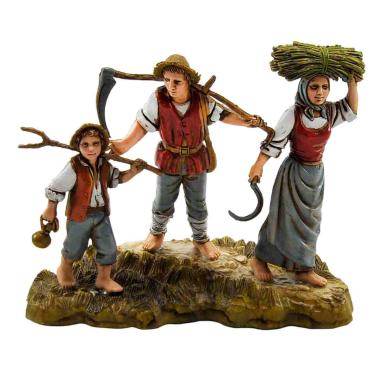 Statua cm.10 Famiglia Contadina con Bambino e Attrezzi da Lavoro | Moranduzzo