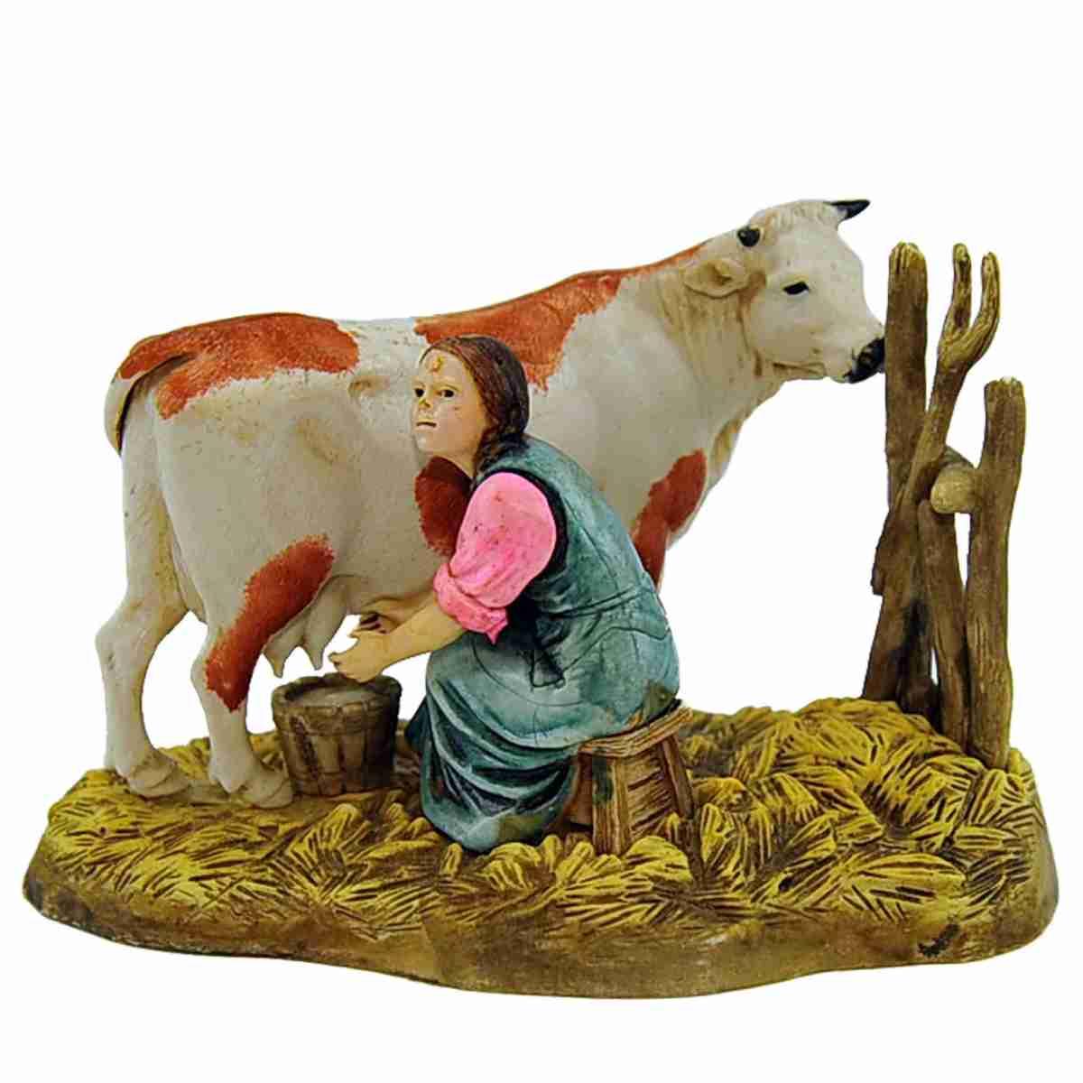 Statua cm.10 Mungitrice Seduta con Mucca |Moranduzzo