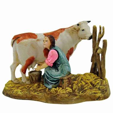 Statua cm.10 Mungitrice Seduta con Mucca |Moranduzzo