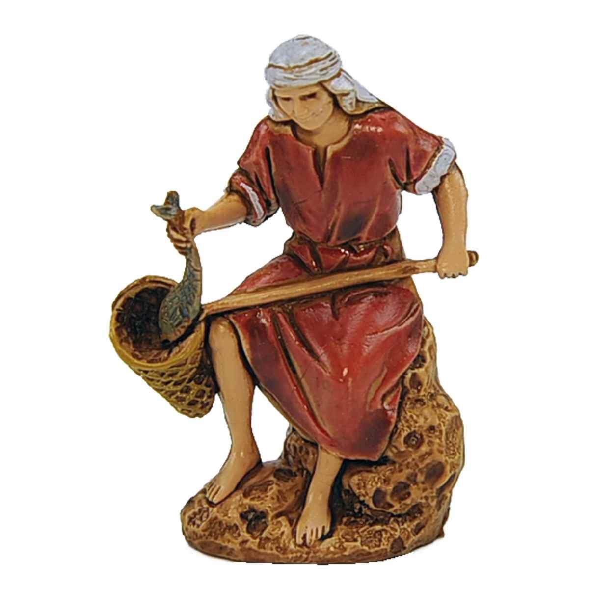 Statua cm.6,5 Pescatore con Guadino e Pesce | Moranduzzo