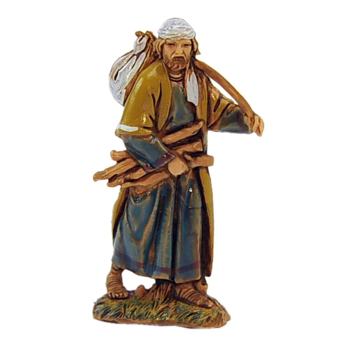 Statua presepe 6.5 cm legnaiolo con legna e sacco a tracollo