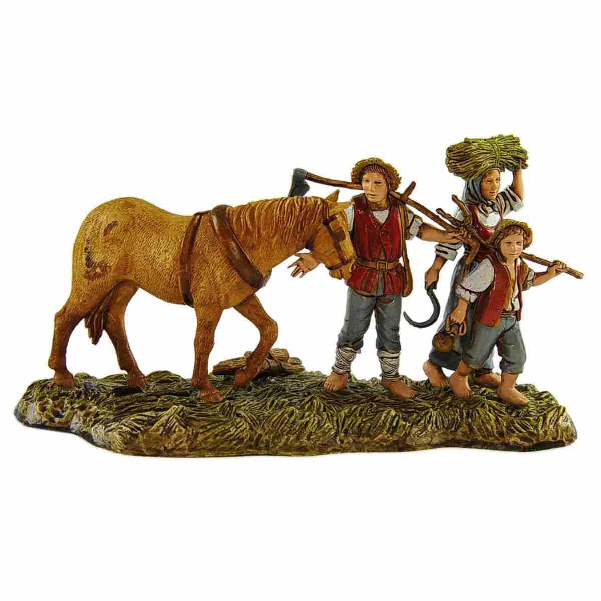 Statua cm.10 Famiglia Contadini con Attrezzi e Cavallo | Moranduzzo