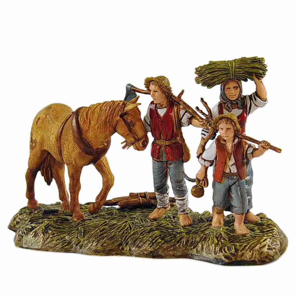 Statua cm.10 Famiglia Contadini con Attrezzi e Cavallo | Moranduzzo