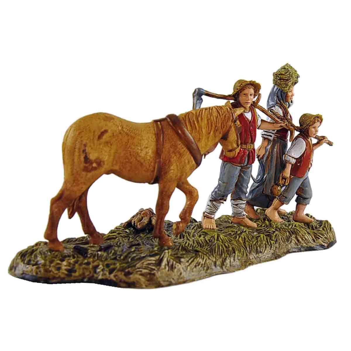 Statua cm.10 Famiglia Contadini con Attrezzi e Cavallo | Moranduzzo