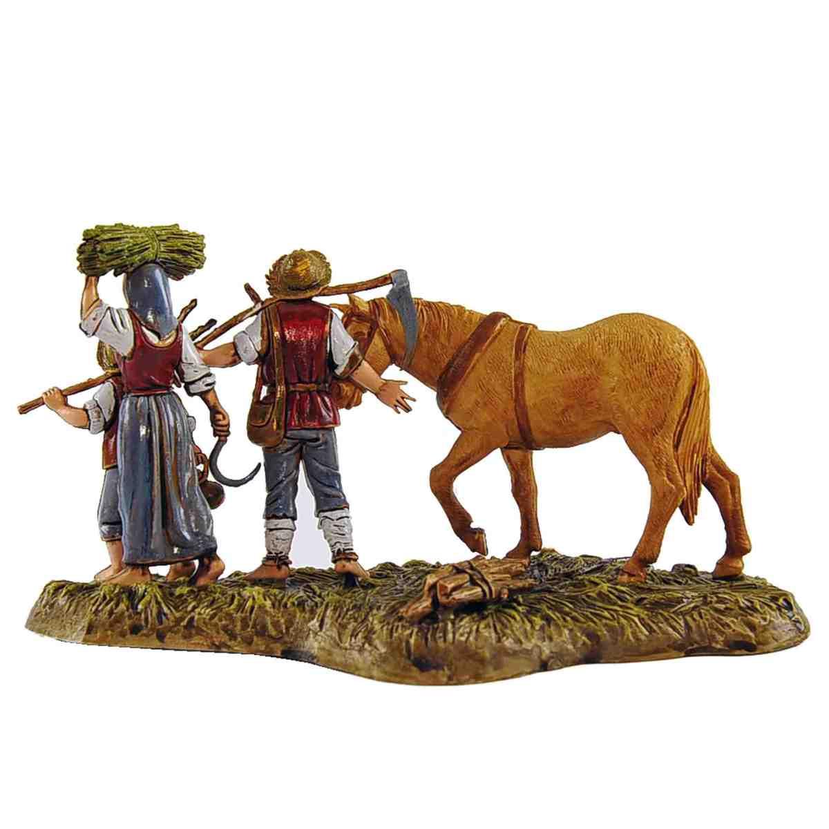 Statua cm.10 Famiglia Contadini con Attrezzi e Cavallo | Moranduzzo