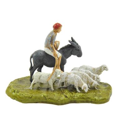 Statua presepe 6 cm pastore con asino e pecore