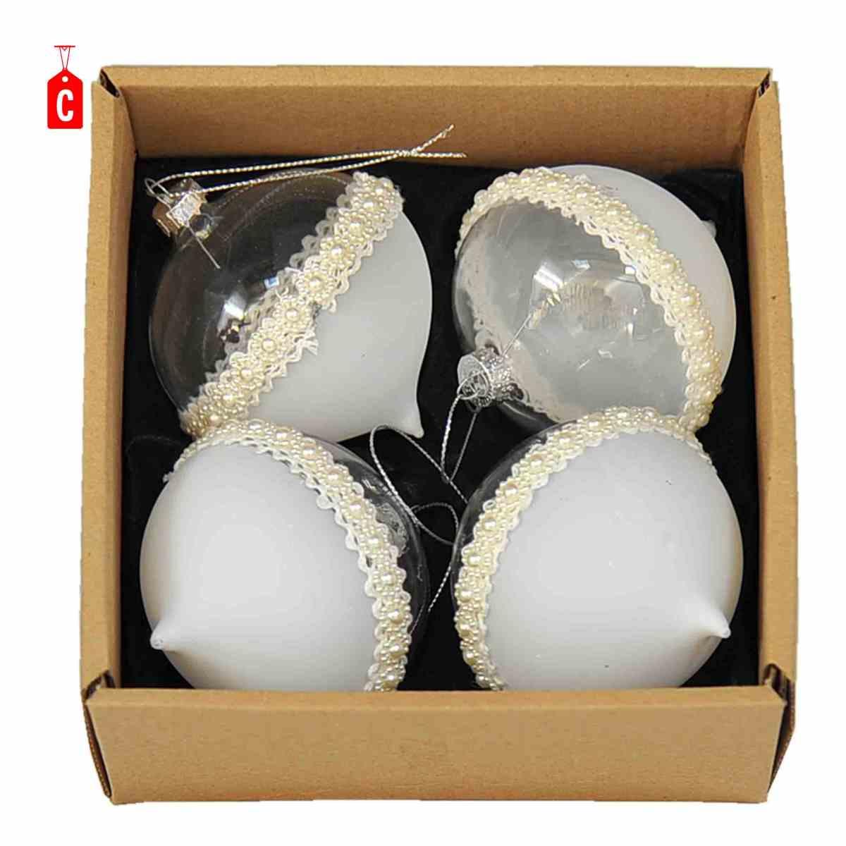 Pallina Natale Vetro Bianco Trasparente Burano 3 Modelli Set pz.4 |Moranduzzo
