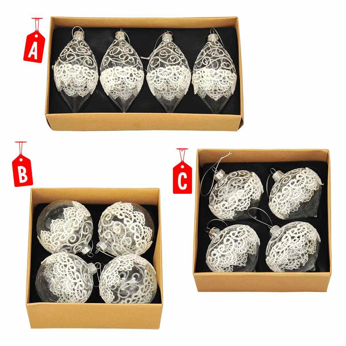 Pallina Natale Vetro Trasparente con Ricamo 3 Modelli Set pz.4 |Moranduzzo