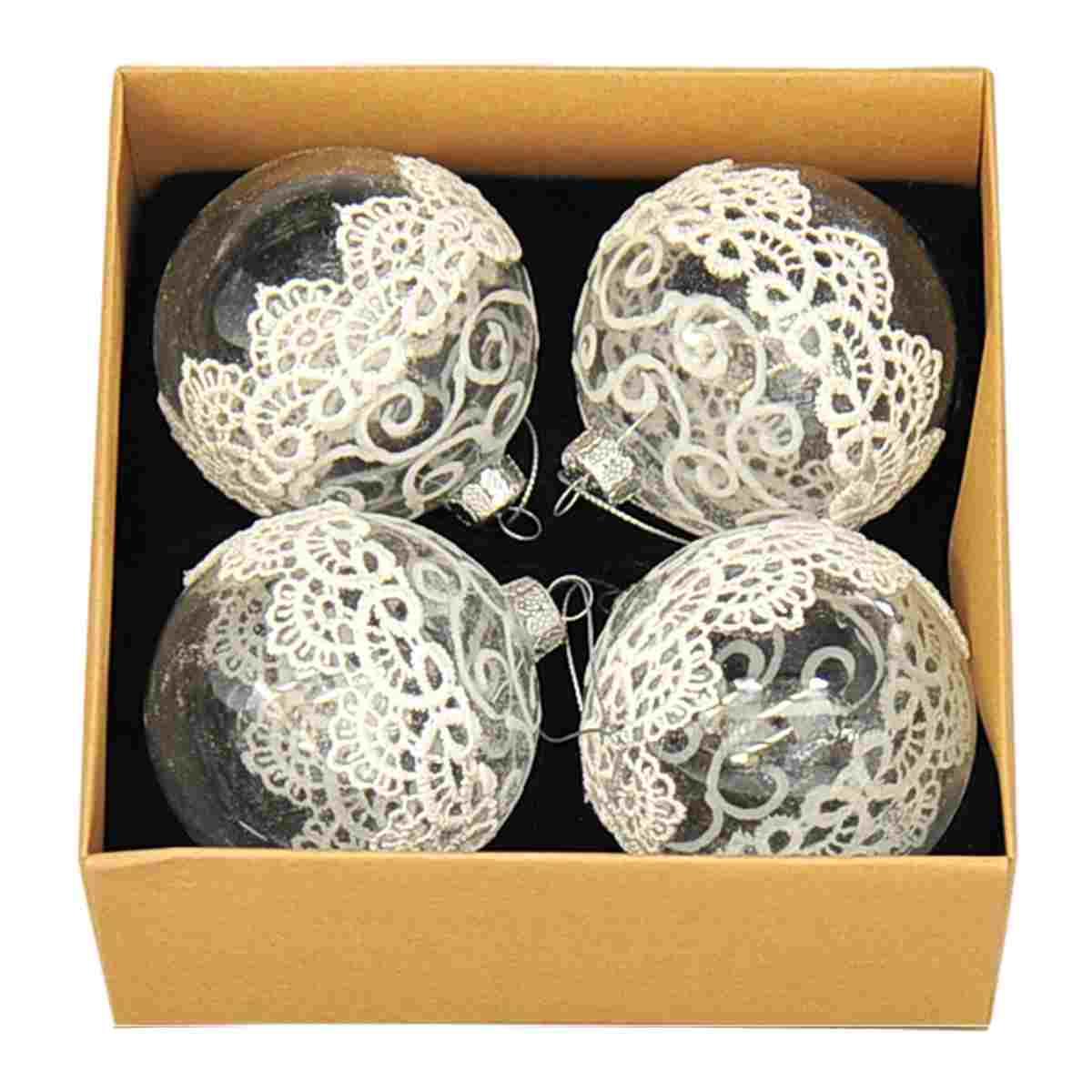 Pallina Natale Vetro Trasparente con Ricamo 3 Modelli Set pz.4 |Moranduzzo