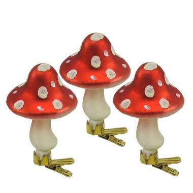 Pallina Natale Vetro cm.9 Funghetti con Pinza Set pz.3 |Moranduzzo