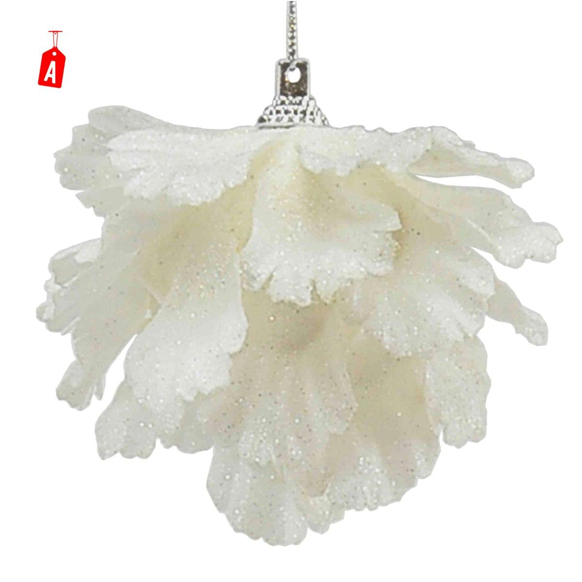 Pallina Natale cm.8 Fiore Bianco Glitter Set pz.4 |Moranduzzo