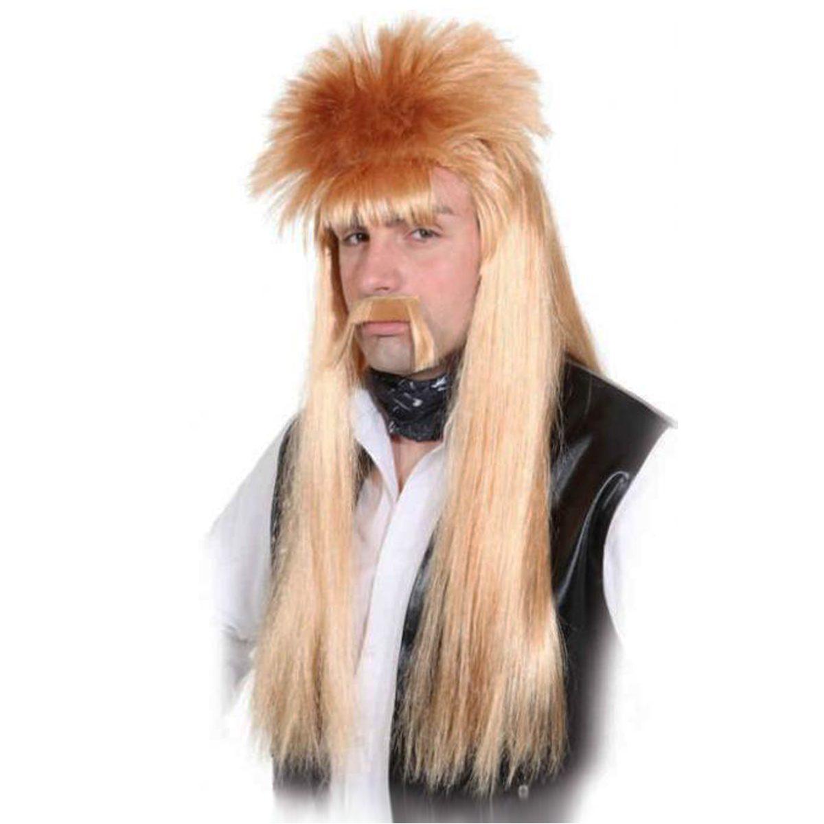 Parrucca Bionda Punk Rock Liscia con Cresta Frangia e Baffi |Orlob
