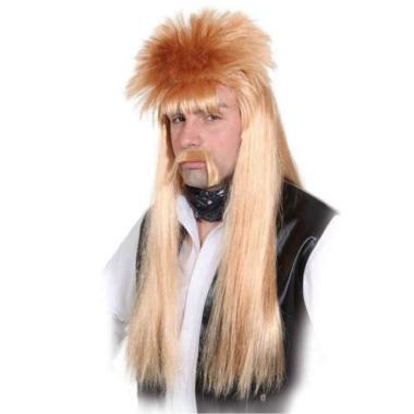 Parrucca Bionda Punk Rock Liscia con Cresta Frangia e Baffi |Orlob