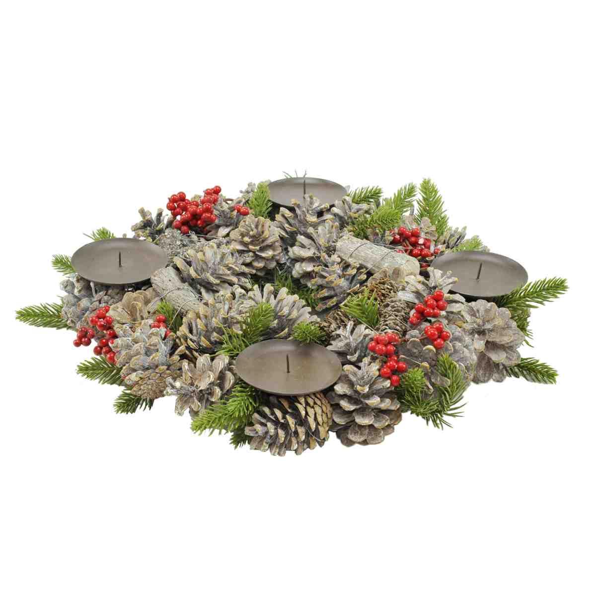 Portacandela 4 Posto Natale con Bacche Pigne cm.37 |Flora