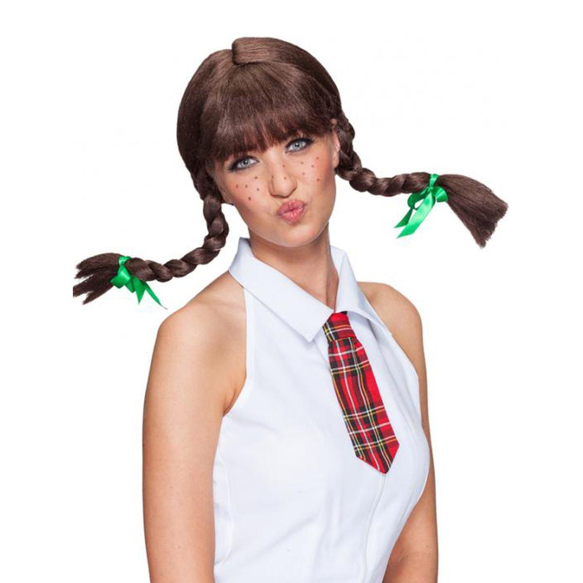 Parrucca Castana Liscia con Trecce e Frangia |Orlob