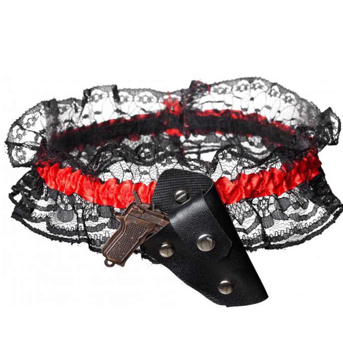 Giarrettiera Nera Nera e Rossa con Mini Fondina e Pistola |Orlob