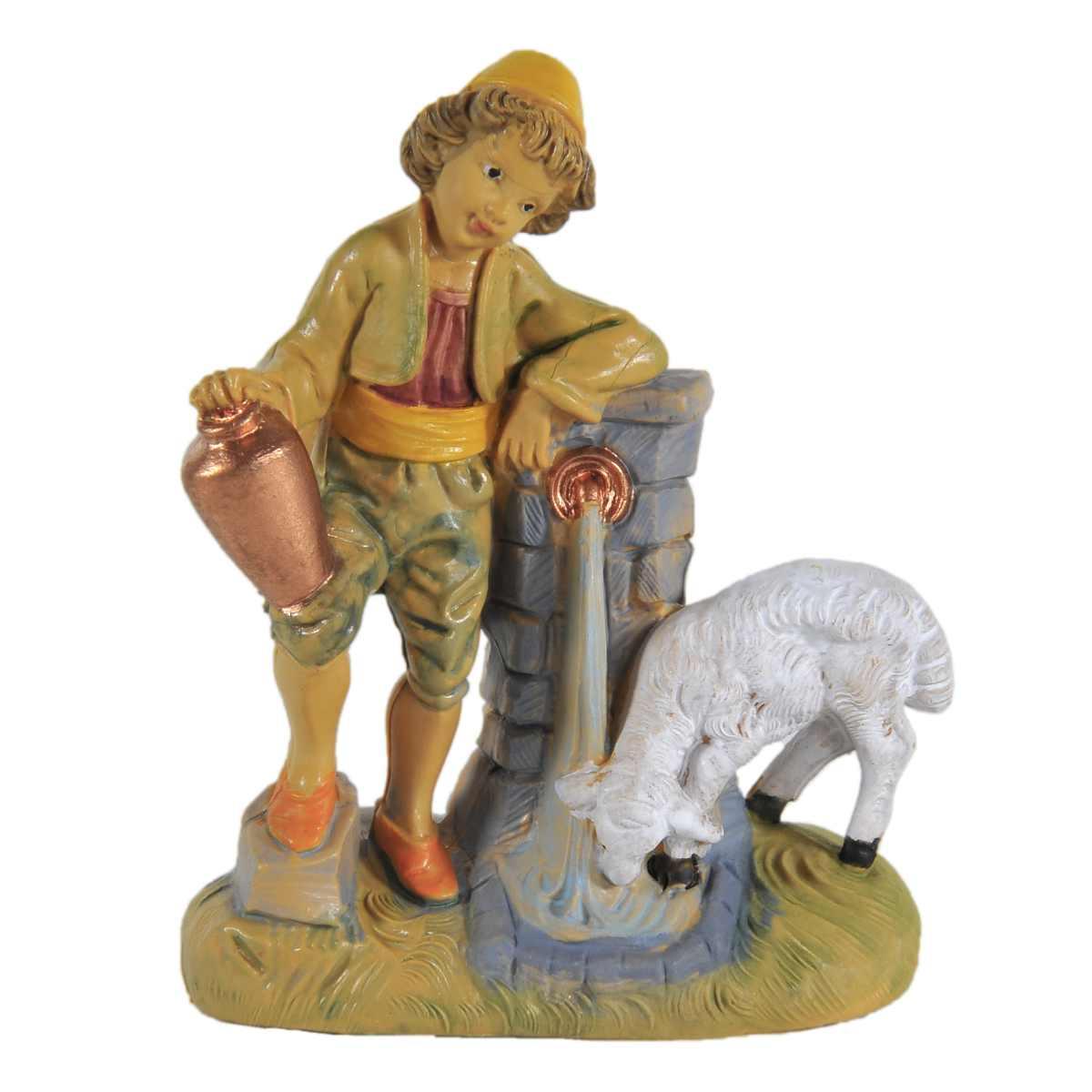 Statua cm.10 Bambino alla Fontana con Pecora | Rossi Rosa