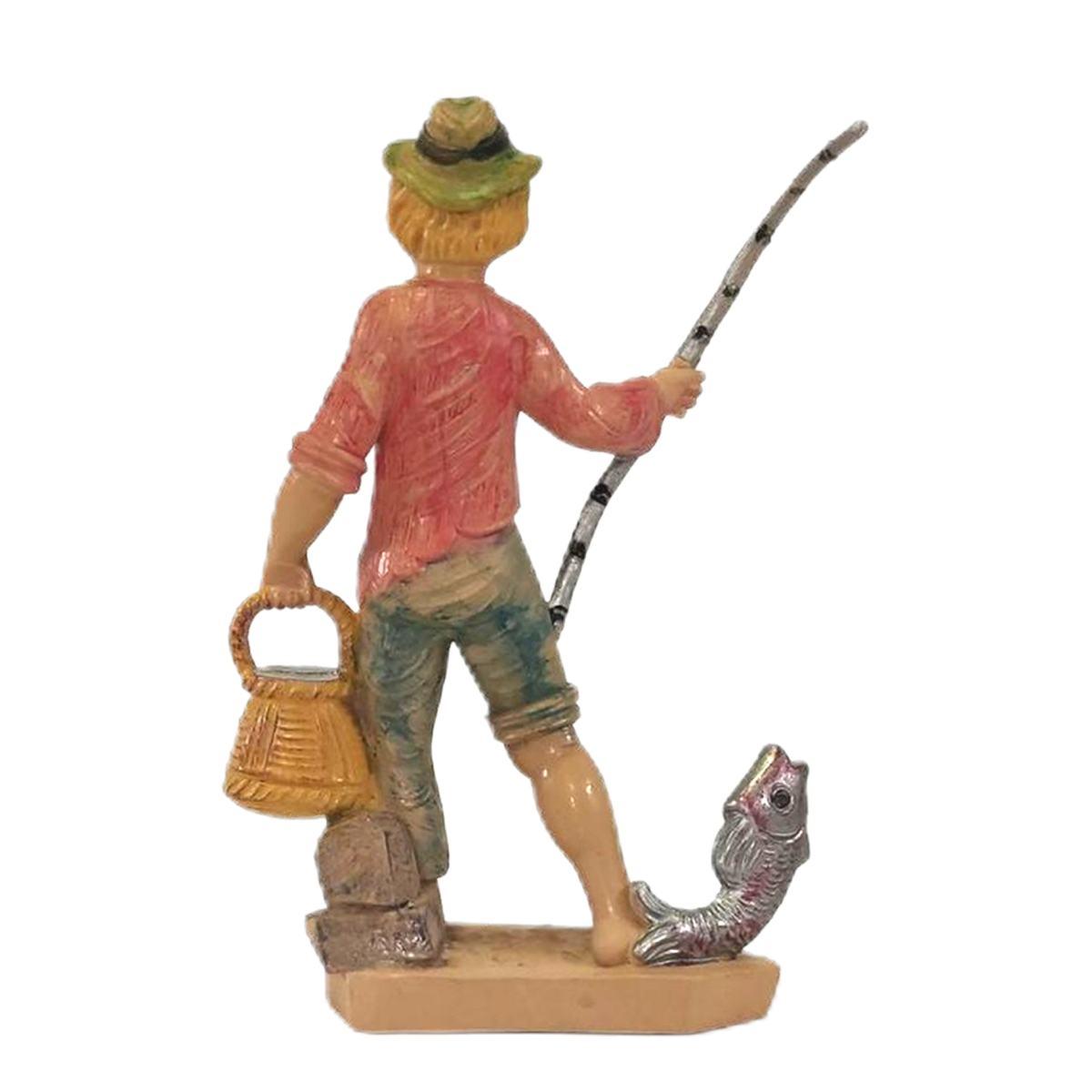Statua cm.12 Pescatore con Canna da Pesca e Pesce | Rossi Rosa