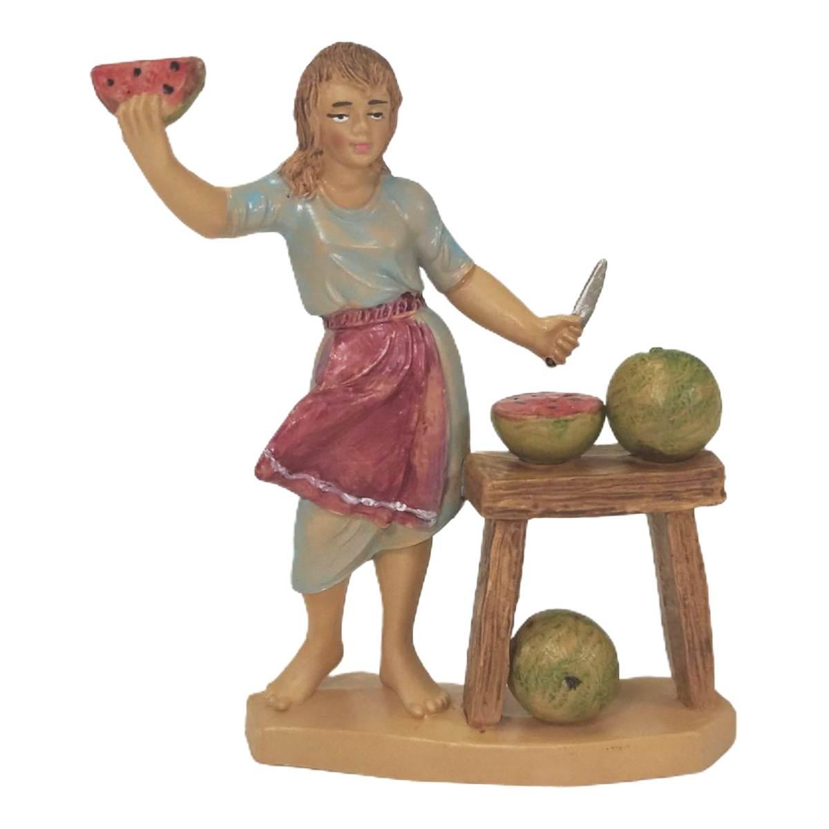 Statua cm.12 Donna con Banco Frutta | Rossi Rosa