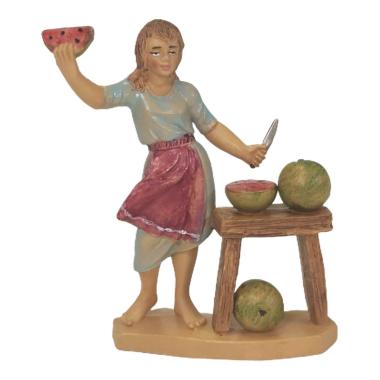 Statua cm.12 Donna con Banco Frutta | Rossi Rosa