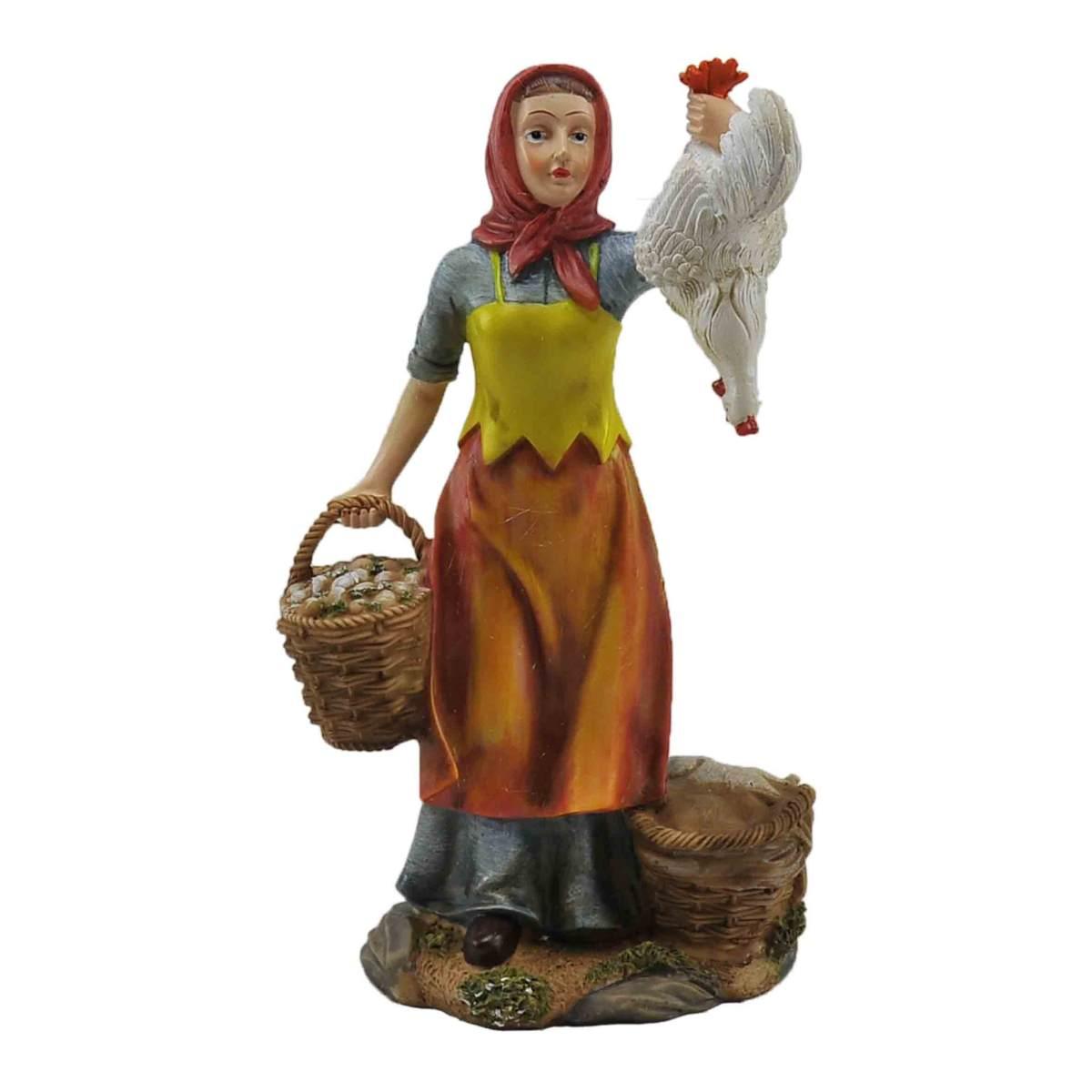 Statua cm.30 Donna con Gallo e Cesta | Rossi Rosa