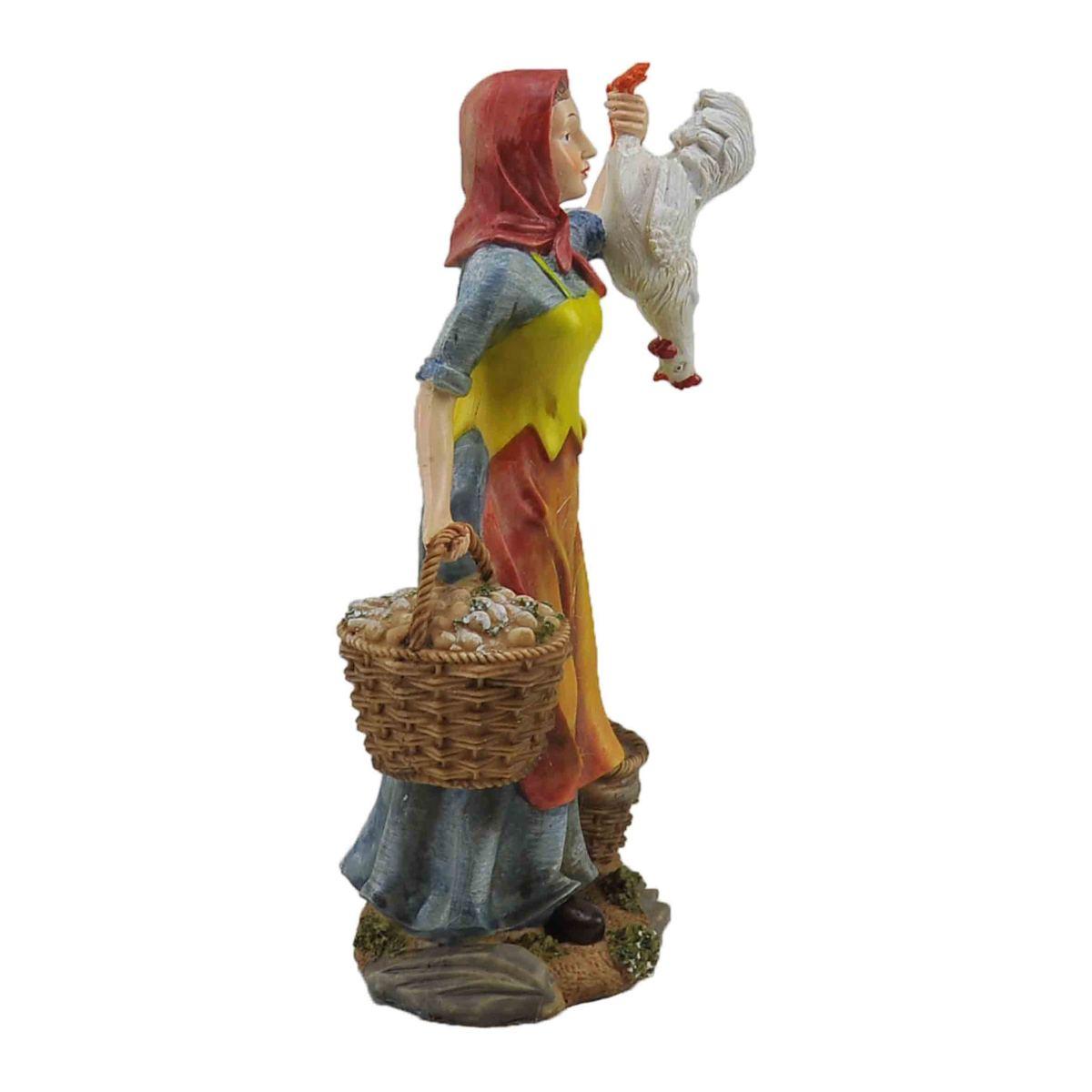 Statua cm.30 Donna con Gallo e Cesta | Rossi Rosa