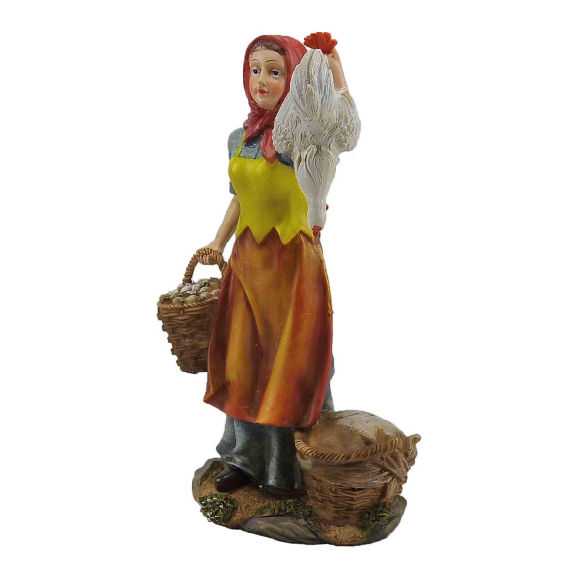 Statua cm.30 Donna con Gallo e Cesta | Rossi Rosa