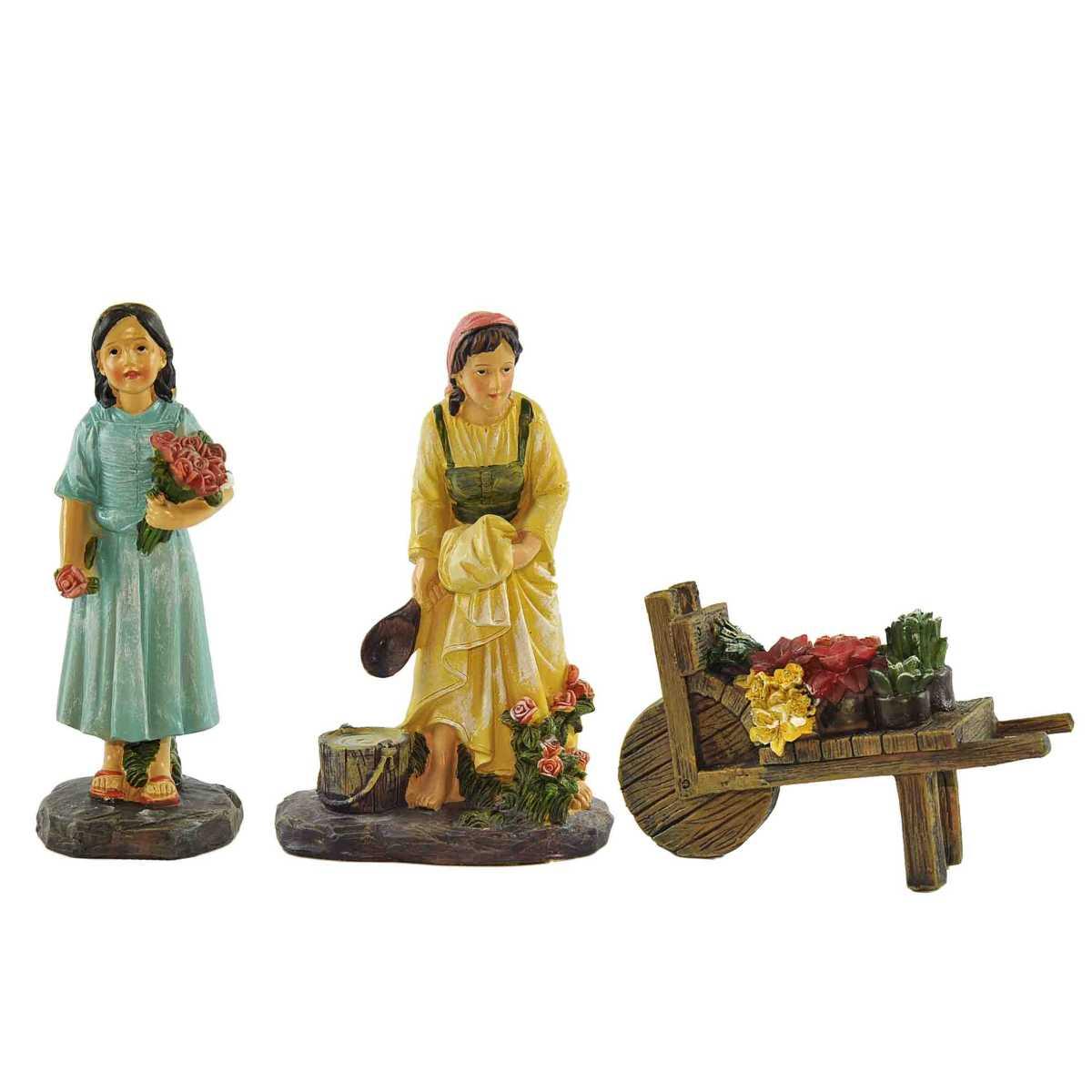 Statua cm.20 Fiorai con Carretto Set pz.3 | Rossi Rosa