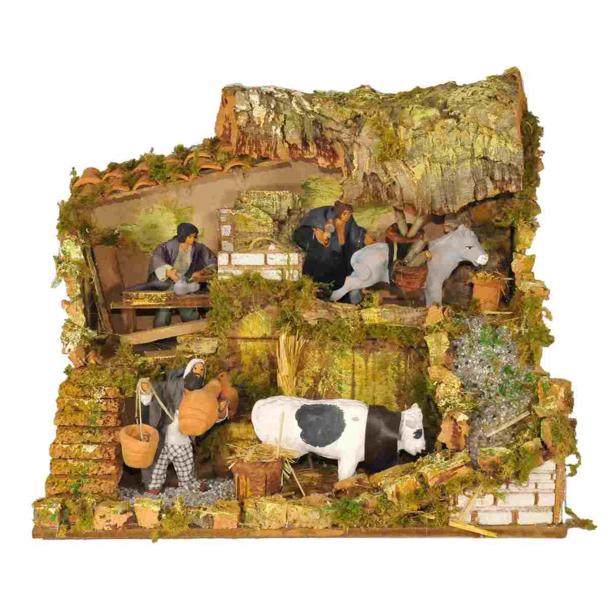 Contadini cm.12 Set pz.4 con Botegga Movimento e Luci cm.45x30x36 | Rossi Rosa