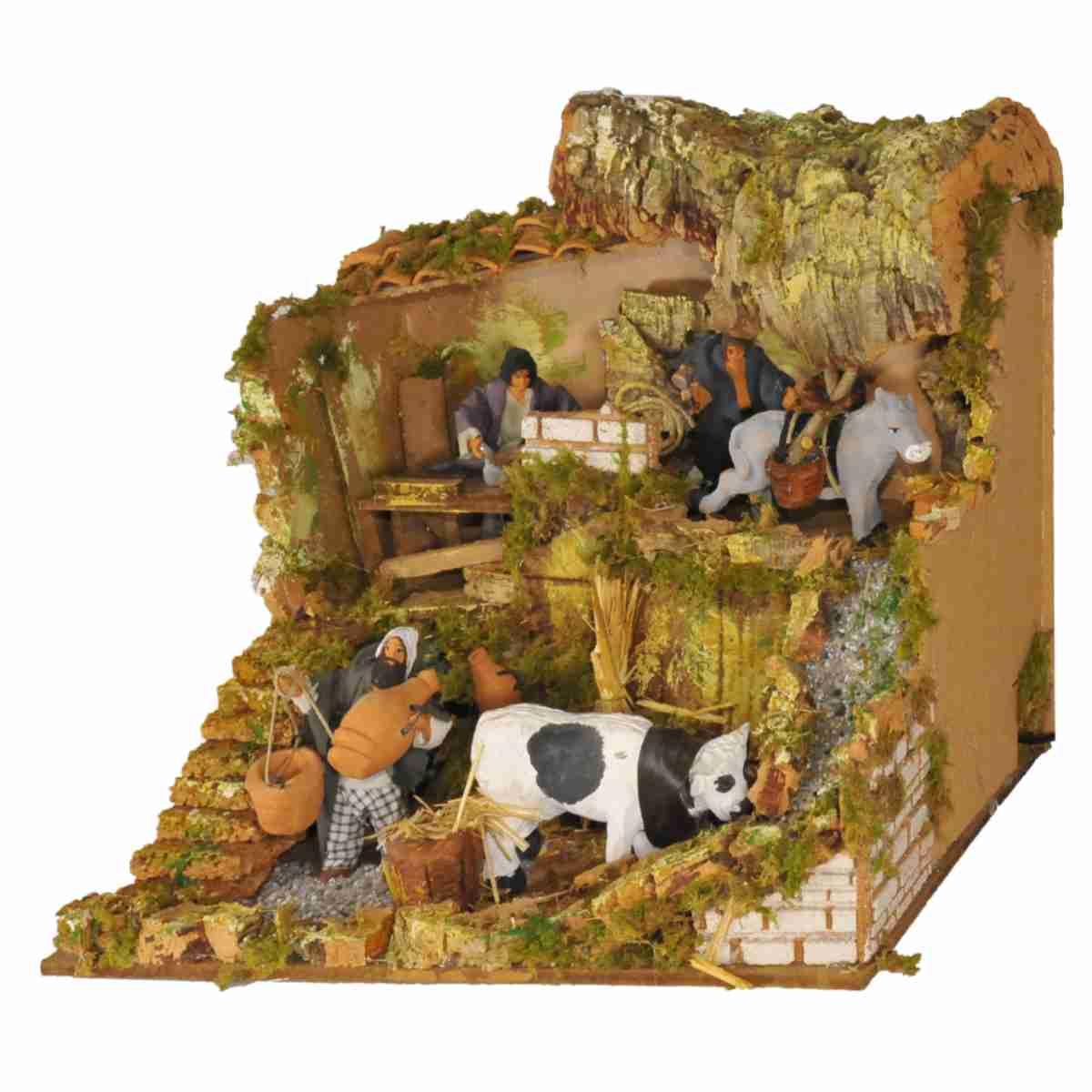 Contadini cm.12 Set pz.4 con Botegga Movimento e Luci cm.45x30x36 | Rossi Rosa