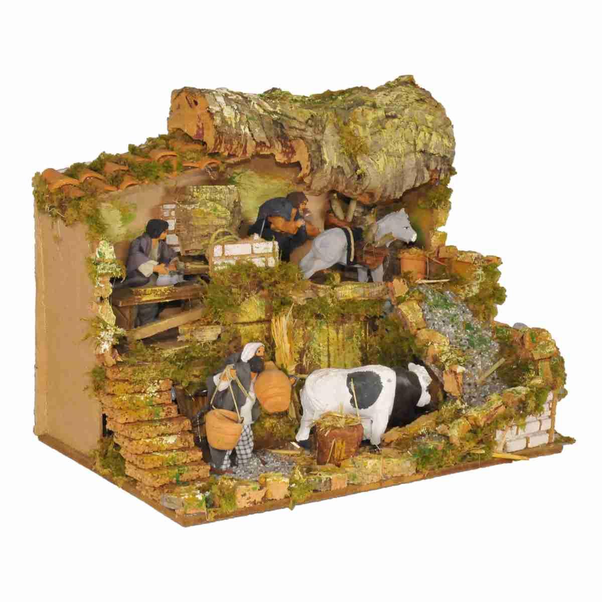 Contadini cm.12 Set pz.4 con Botegga Movimento e Luci cm.45x30x36 | Rossi Rosa