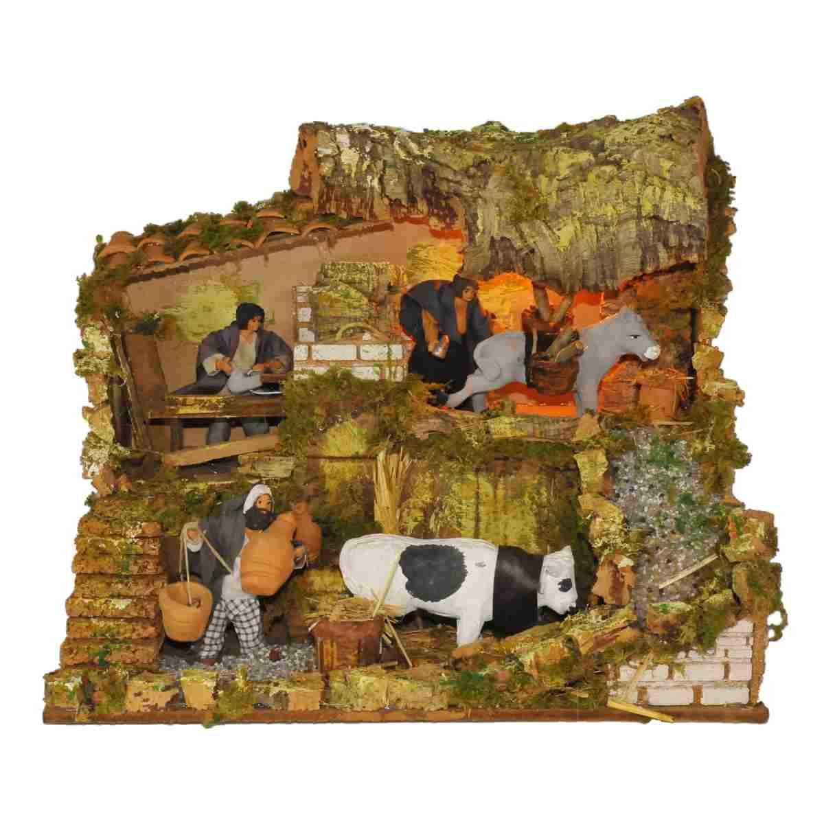 Contadini cm.12 Set pz.4 con Botegga Movimento e Luci cm.45x30x36 | Rossi Rosa