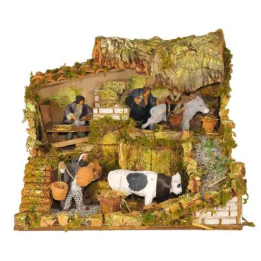 Contadini cm.12 Set pz.4 con Botegga Movimento e Luci cm.45x30x36 | Rossi Rosa