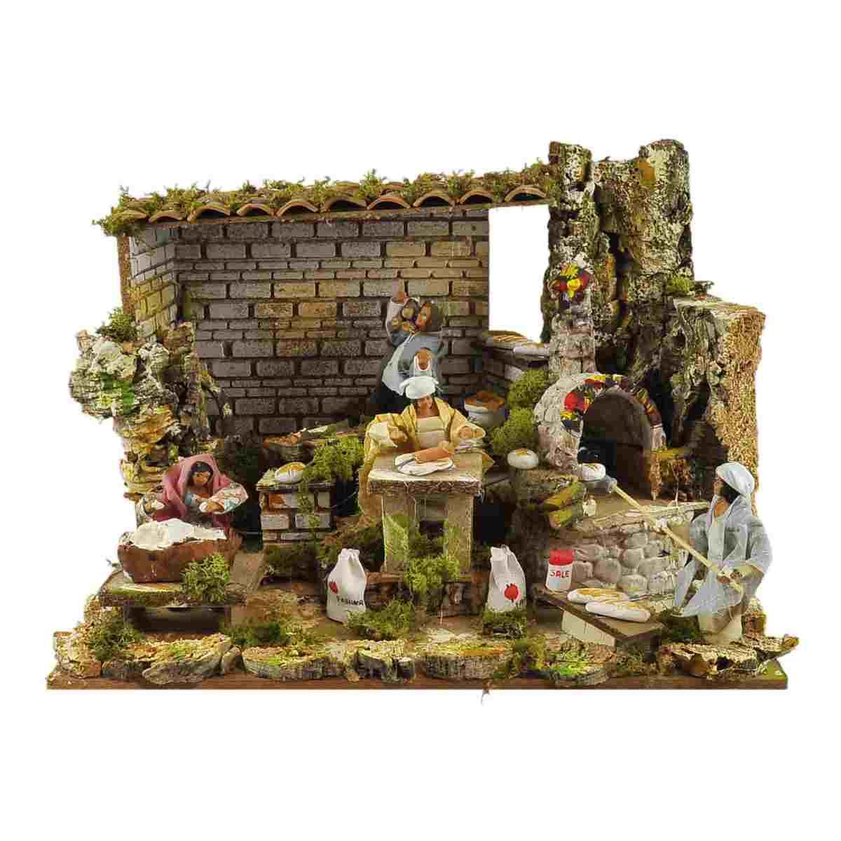 Contadini cm.12 Set pz.4 con Bottega Forno Luce e Movimento cm.45x30xH32 | Rossi Rosa