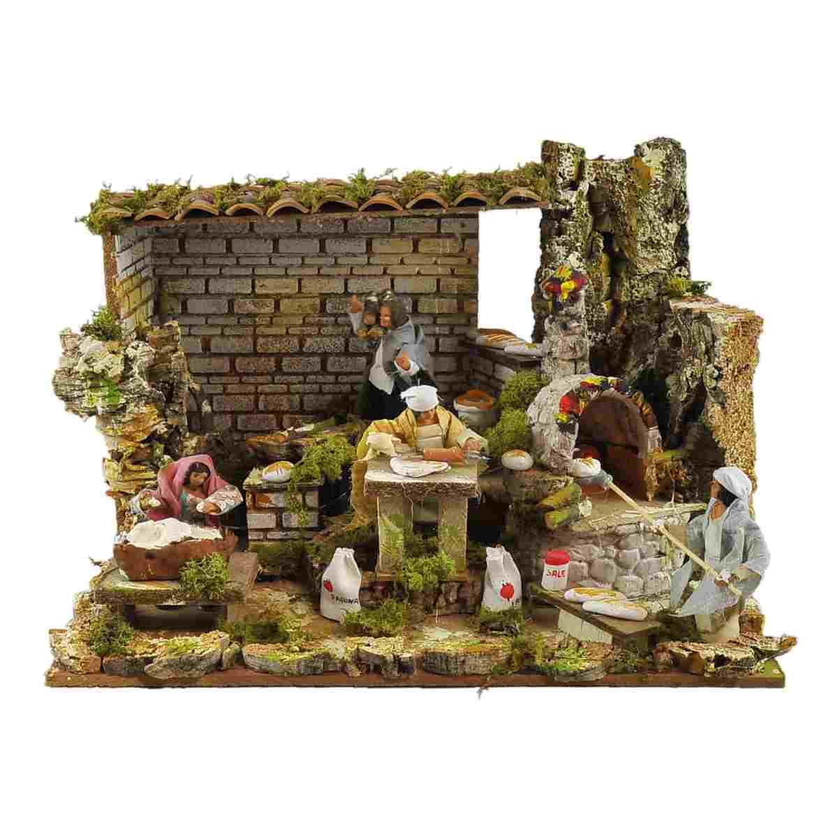 Contadini cm.12 Set pz.4 con Bottega Forno Luce e Movimento cm.45x30xH32 | Rossi Rosa