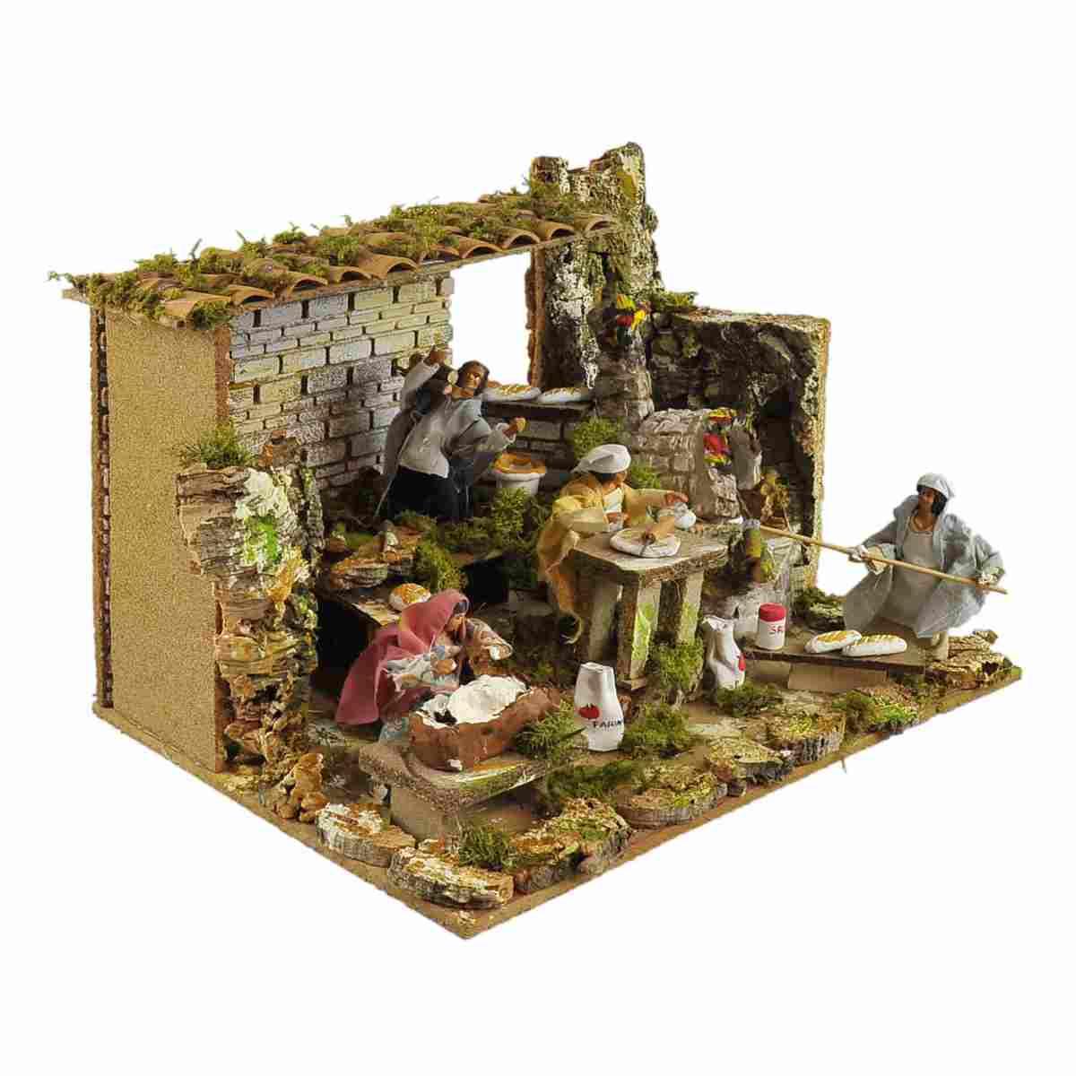 Contadini cm.12 Set pz.4 con Bottega Forno Luce e Movimento cm.45x30xH32 | Rossi Rosa