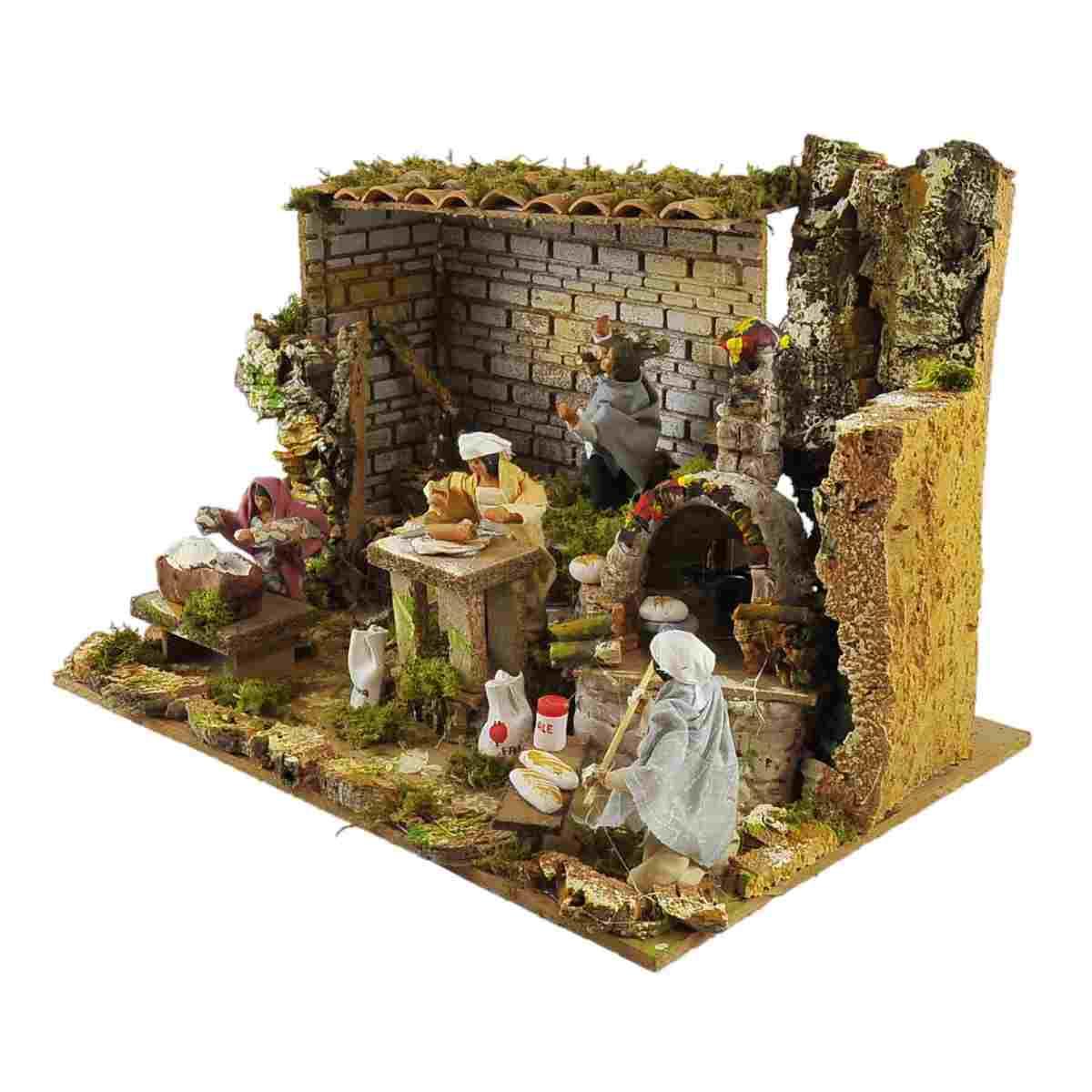 Contadini cm.12 Set pz.4 con Bottega Forno Luce e Movimento cm.45x30xH32 | Rossi Rosa