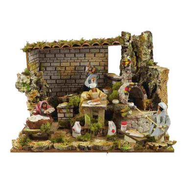 Contadini cm.12 Set pz.4 con Bottega Forno Luce e Movimento cm.45x30xH32 | Rossi Rosa
