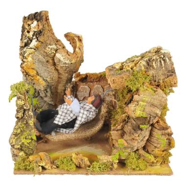 Statua con Movimento - Pastore che Dorme sull'Amaca cm.20 | Rossi Rosa