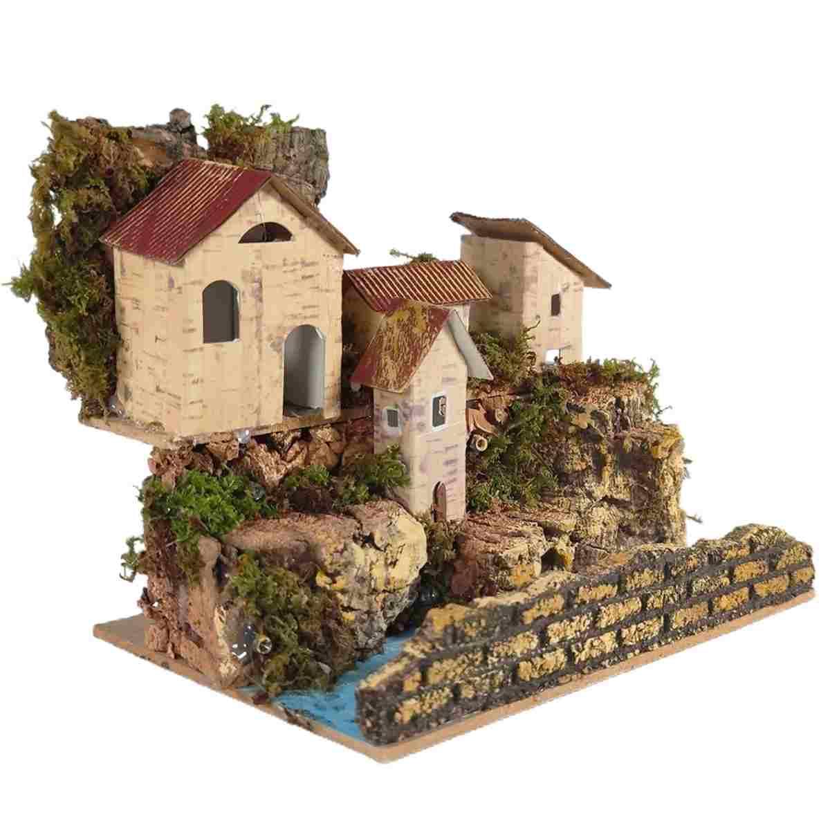 Borgo Casette con Luce su Fiume cm.20x14x17 | Rossi Rosa