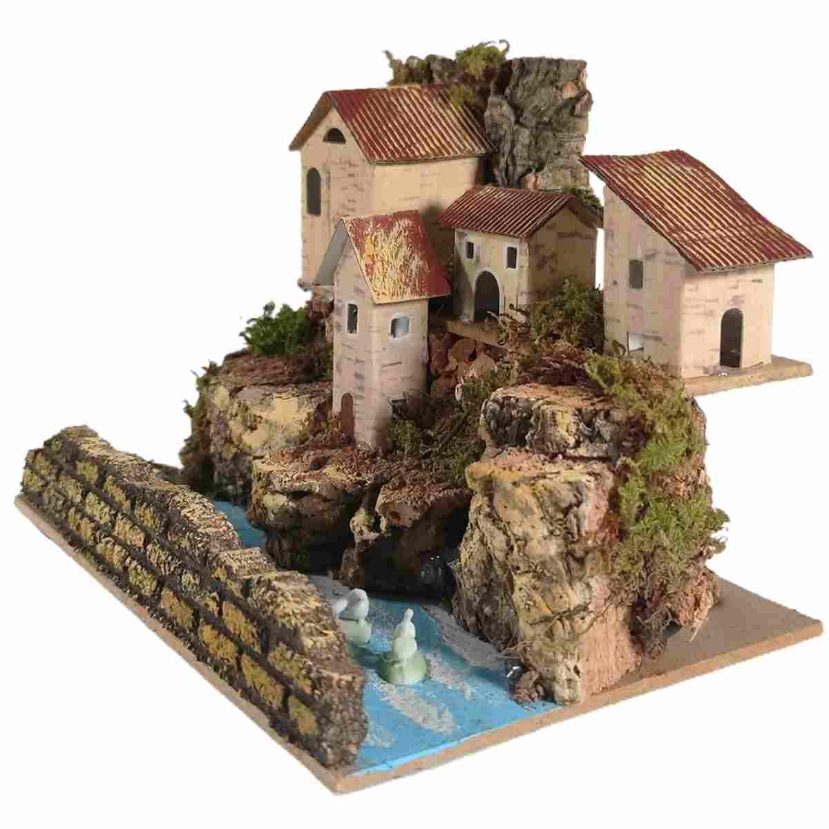 Borgo Casette con Luce su Fiume cm.20x14x17 | Rossi Rosa