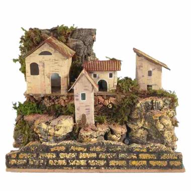 Borgo Casette con Luce su Fiume cm.20x14x17 | Rossi Rosa