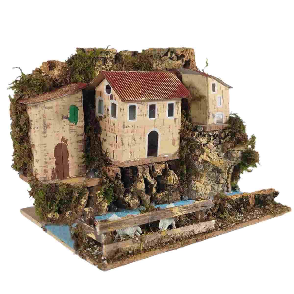 Borgo Casette con Luce su Fiume cm.20x14x17 | Rossi Rosa