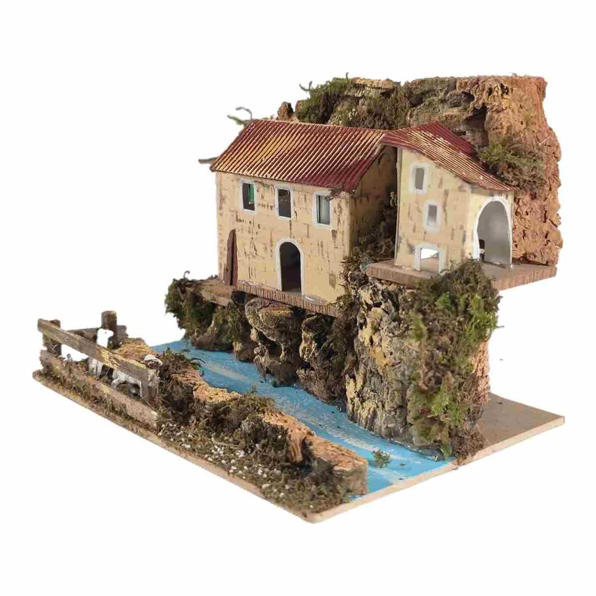 Borgo Casette con Luce su Fiume cm.20x14x17 | Rossi Rosa